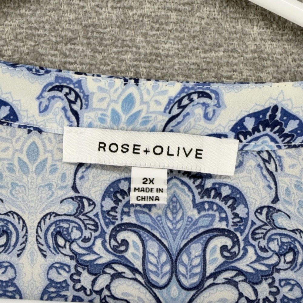 Rose+ Olive Blouse Top Women Size 2X White Paisley Blue 3/4 Sleeve - Picture 3 of 8